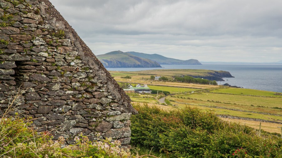 Irish Famine Cottages featuring heritage elements and general coastal views