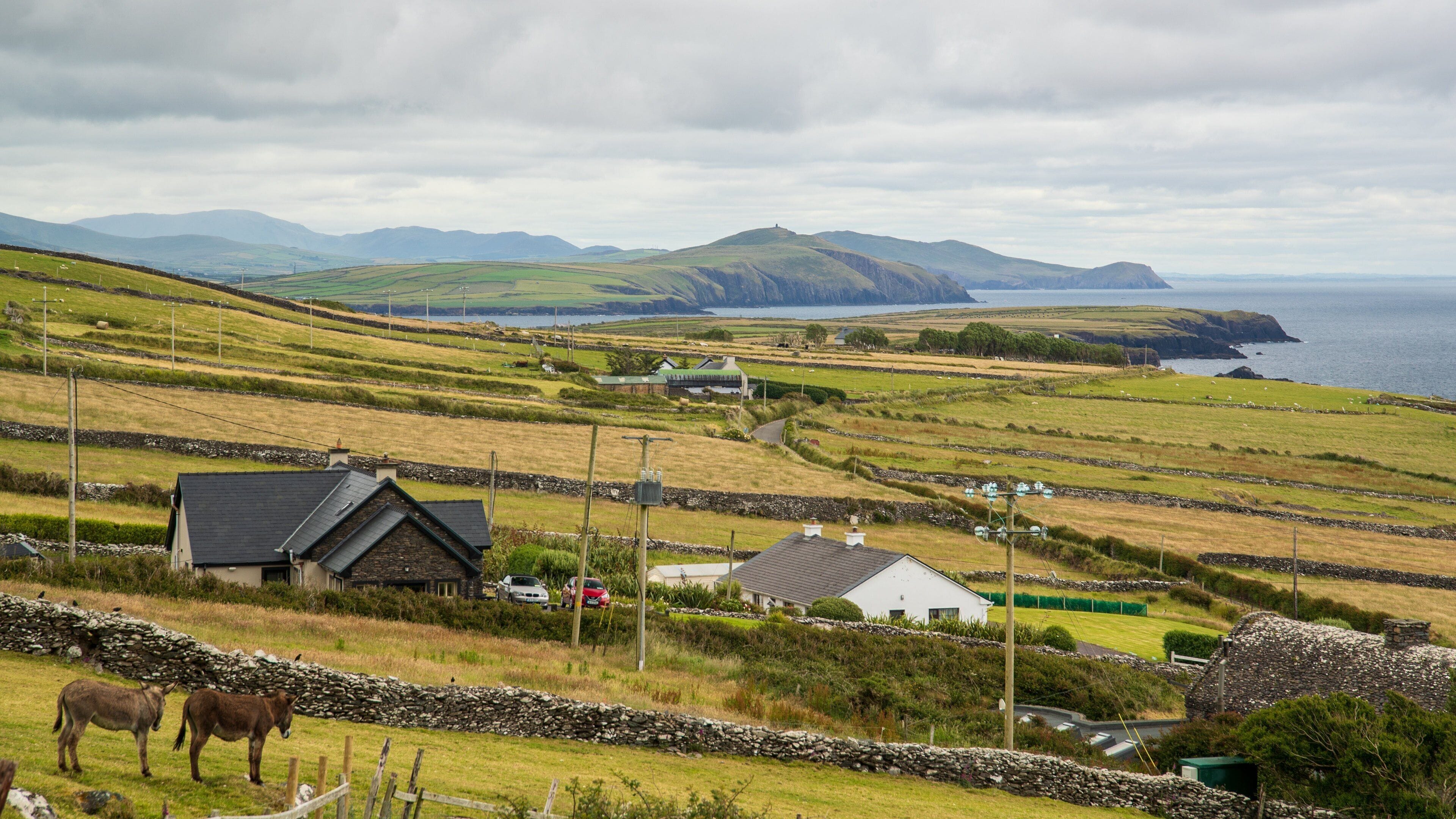 Rolling hills, a coastal view, stone walls, and traditional houses.