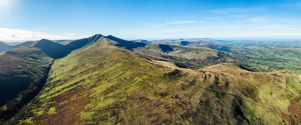 Panorama of Pen y Fan and Cribyn from a drone, Brecon Beacons National Park, Wales, England
