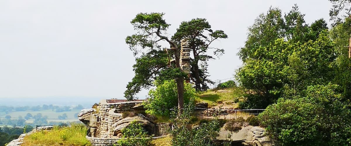 A rocky cliff with a stone structure and a tree on top.
