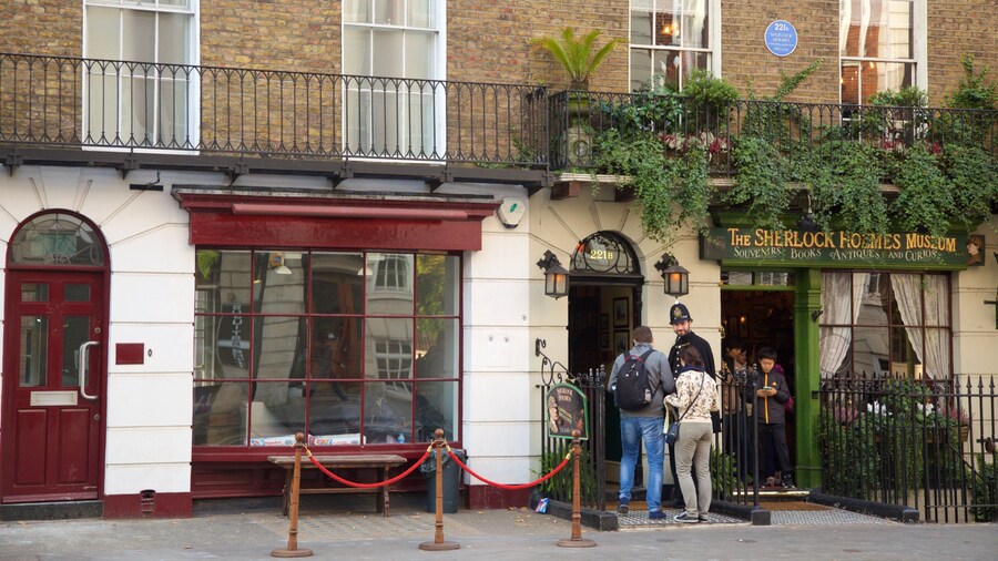 Sherlock Holmes Museum showing signage as well as a small group of people