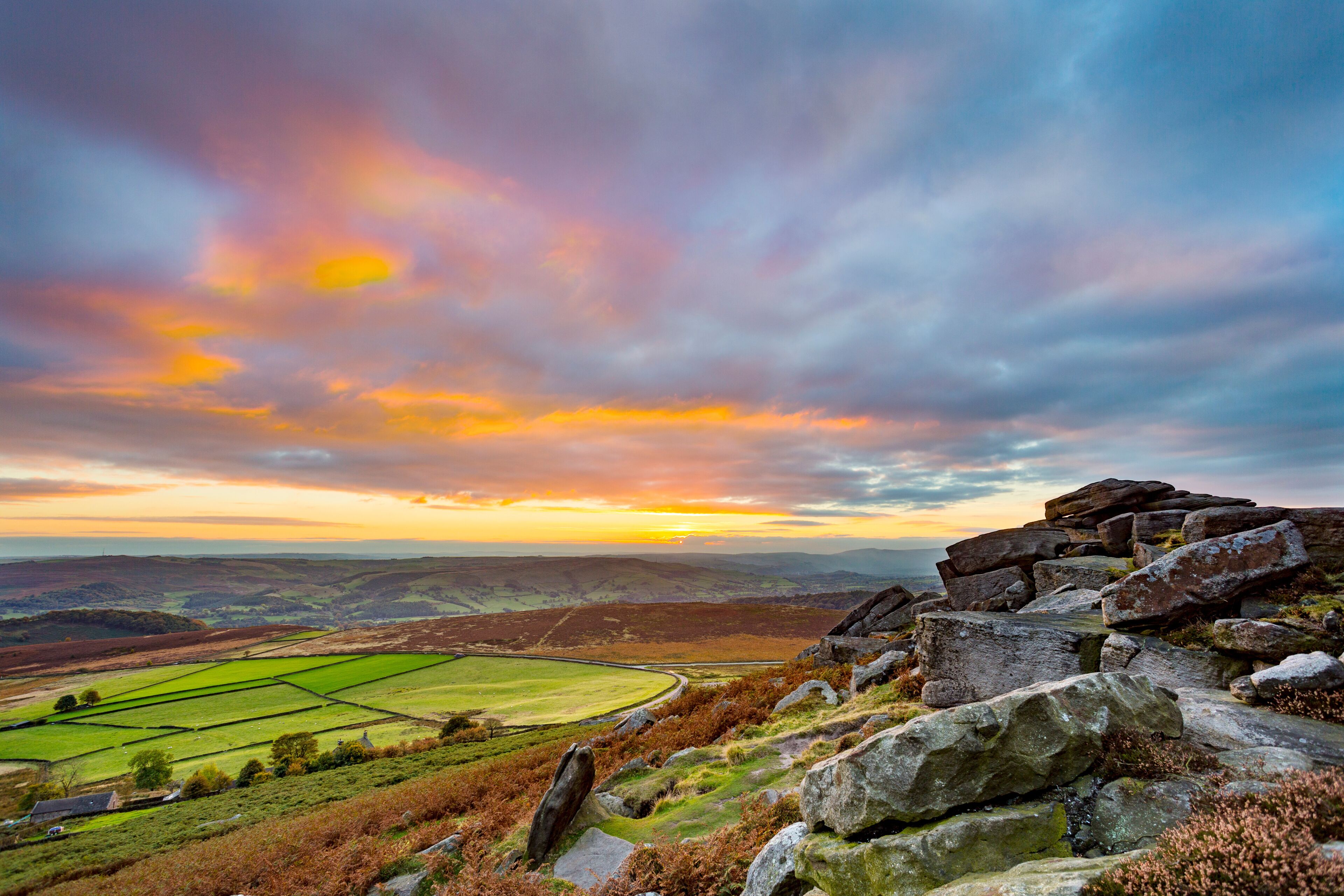 Sunset from Stanage Edge, in the Peak District National Park, Derbyshire, England, UK
