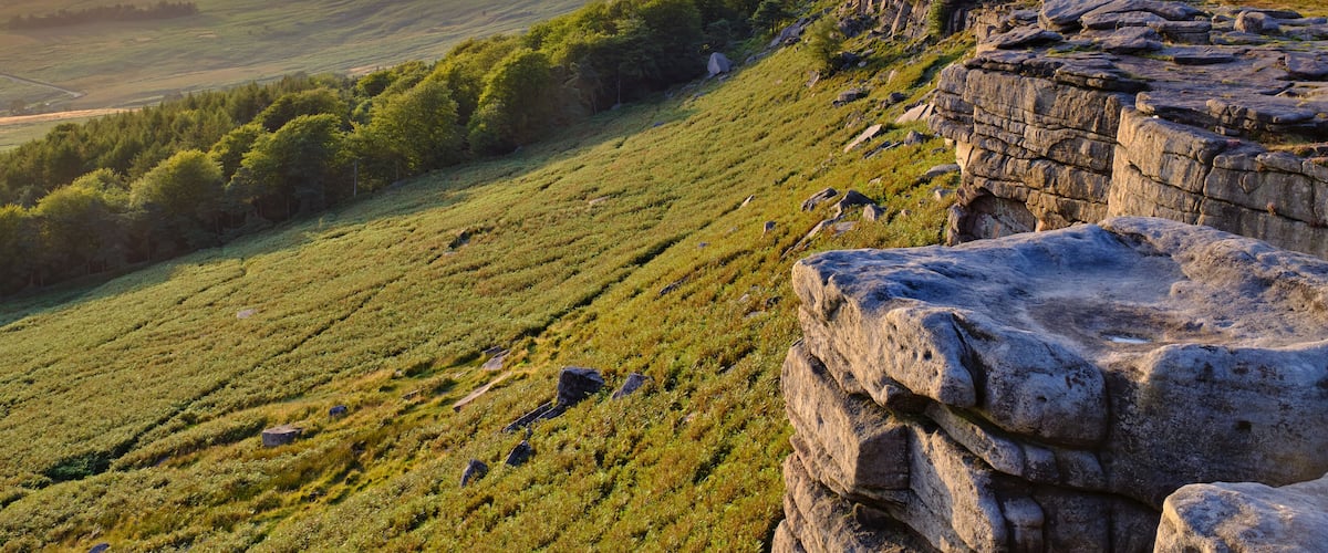 A grassy hillside with a rocky outcrop in the foreground.
