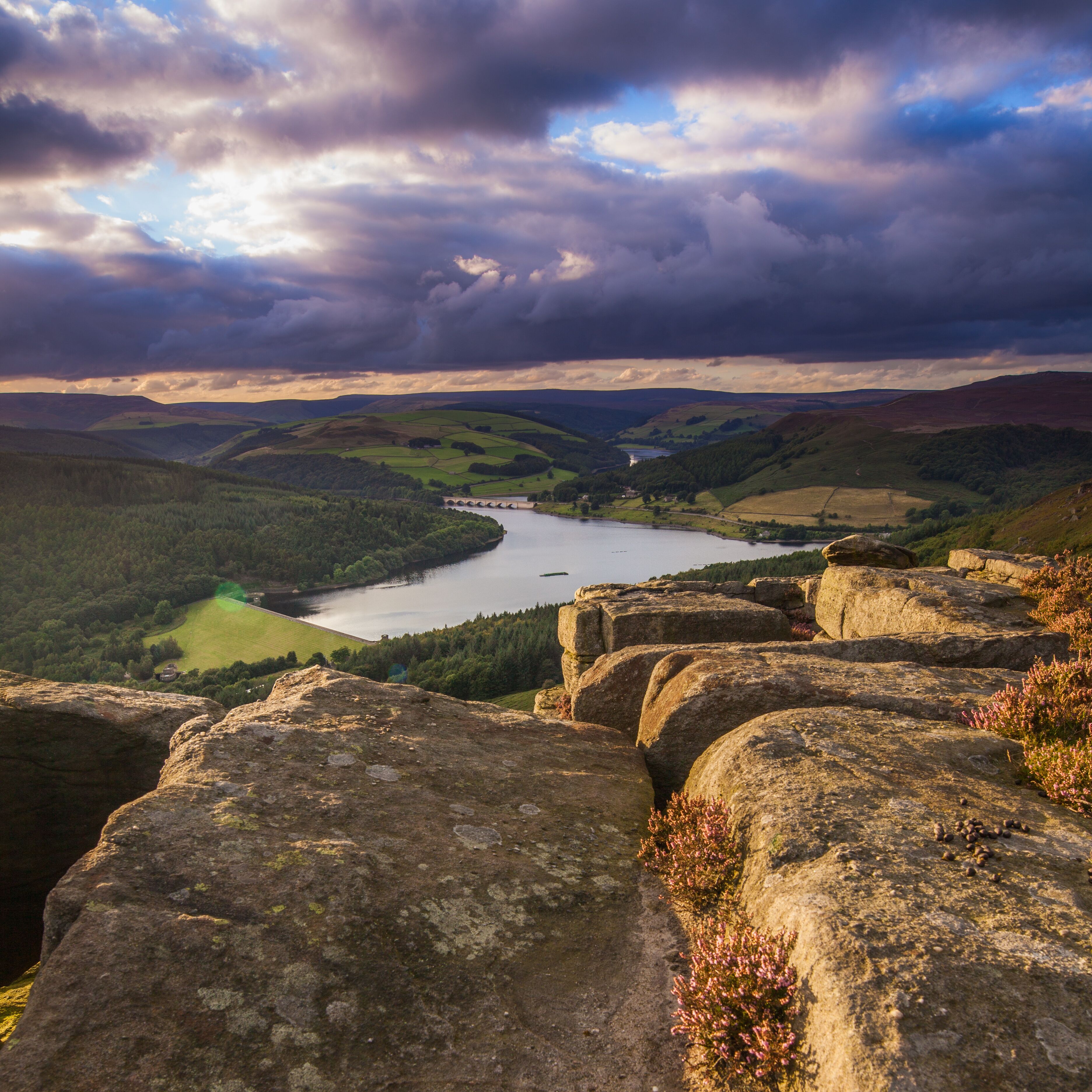 Evening light on the Ladybower Reservoir from Bamford Edge in The Peak District