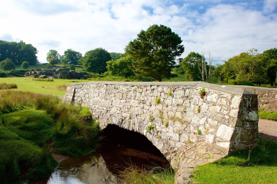 A stone bridge over a stream in a lush green landscape with trees and a clear sky.