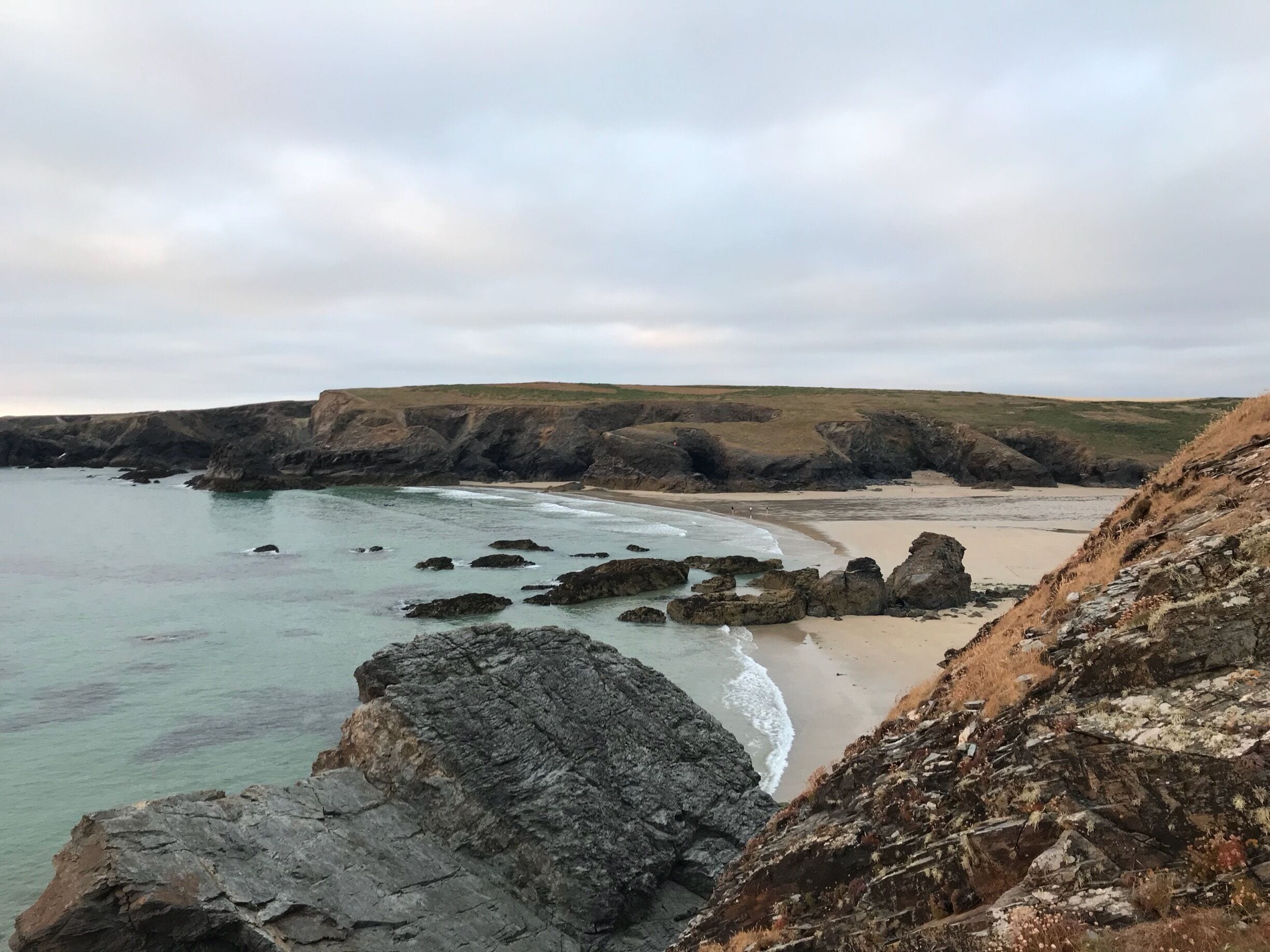 Treyarnon Bay in North Cornwall is a lovely bay surrounded by cliffs with amazing views. It’s a popular beach for families and for dog owners. Very busy in summer and the RNLI on duty during the Summer months are nice, chatty & helpful. Plus there’s plenty of rock pools to explore. Heaps of fun for all! 