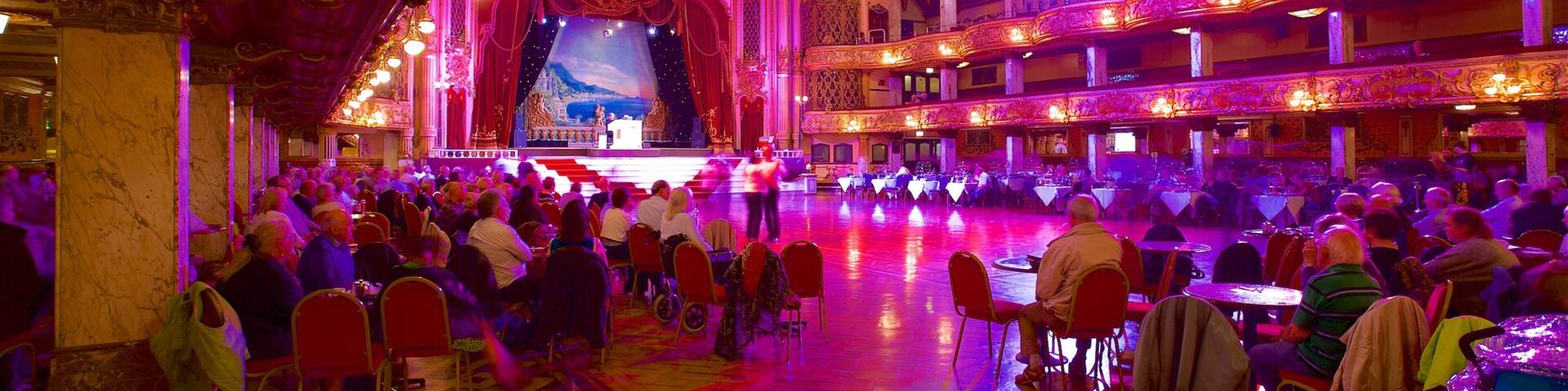 Blackpool Tower Ballroom featuring performance art, heritage elements and interior views
