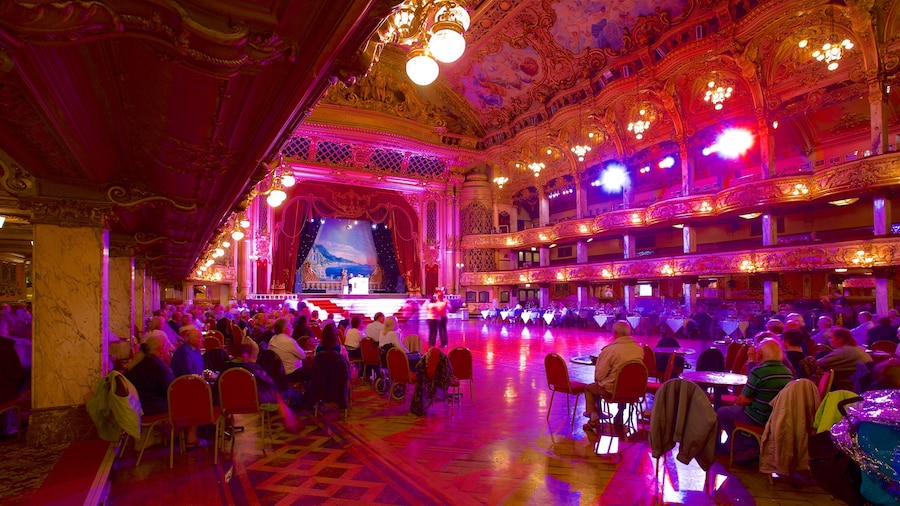Blackpool Tower Ballroom featuring performance art, heritage elements and interior views