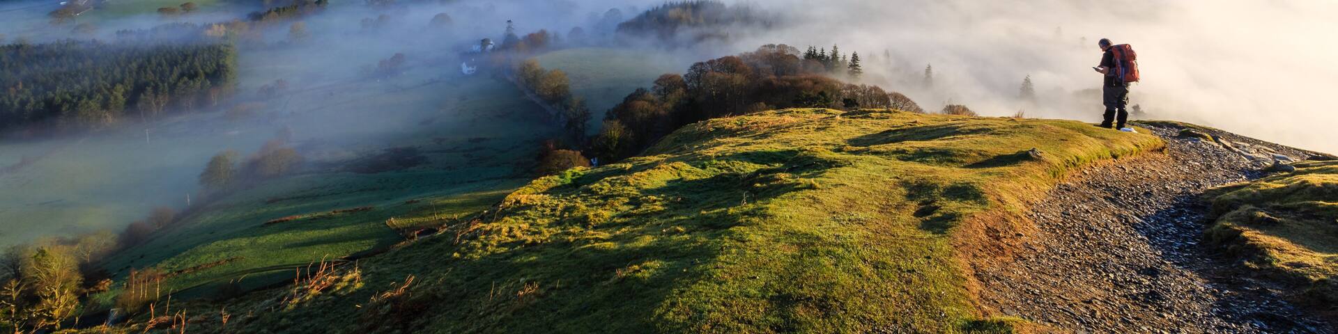 Fell walker ascending Catbells, The Lake District, Cumbria, England