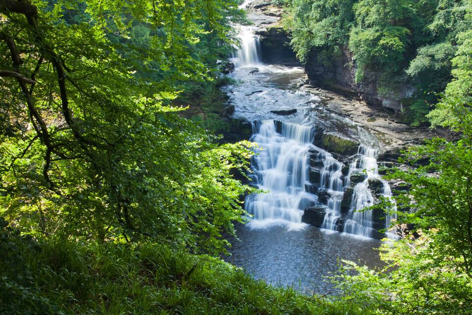 Une cascade d’eau se précipite le long d’une falaise rocheuse, entourée d’une végétation luxuriante.