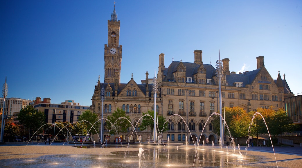Bradford City Park which includes heritage architecture and a fountain