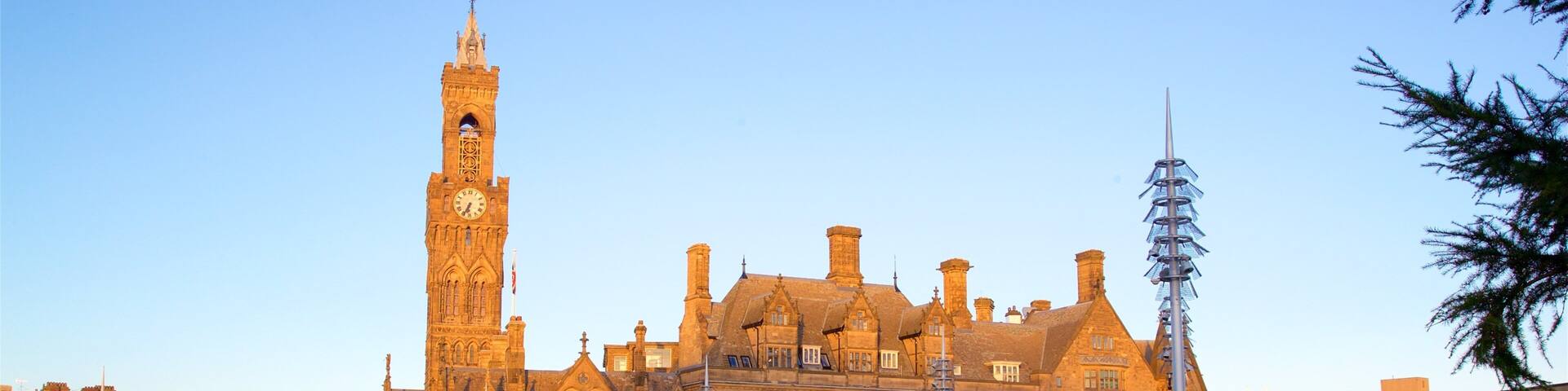 Bradford City Hall featuring a sunset, a park and heritage architecture