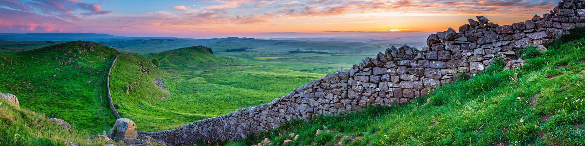 Hadrian's Wall Panorama at Sunset / Hadrian's Wall is a World Heritage Site in the beautiful Northumberland National Park. Popular with walkers along the Hadrian's Wall Path and Pennine Way