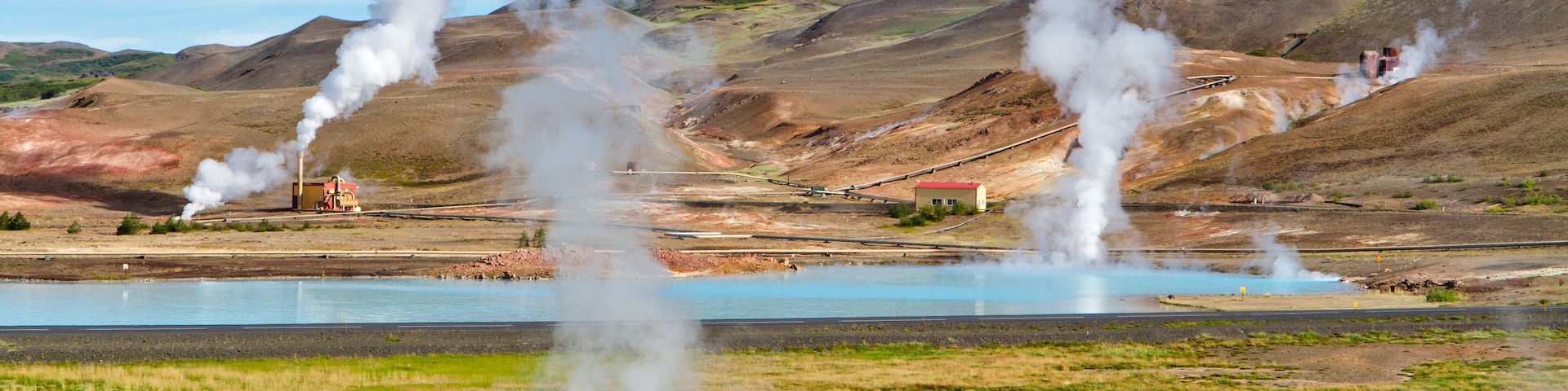 Myvatn geothermal area, northern Iceland. Geothermal power station near the blue lake