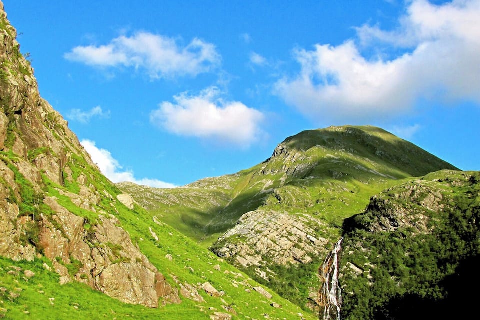 A mountainous landscape with a waterfall, green grass, and rocky terrain under a clear blue sky.