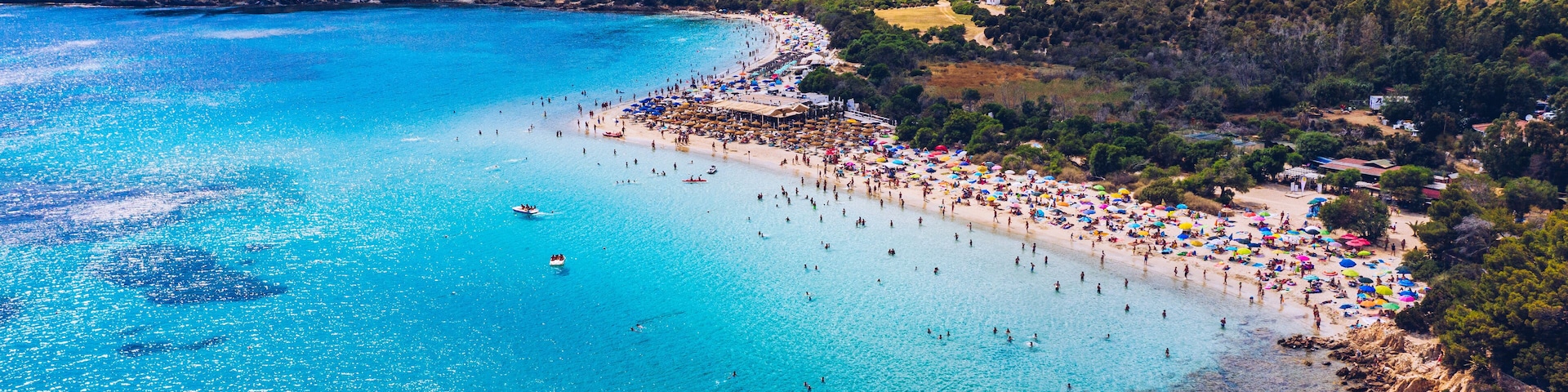 Aerial shot of Tuerredda beach on a beautiful day, Sardinia, Italy. Aerial drone view of Tuerredda in Sardegna. Famous Tuerredda beach on the south of Sardinia near Teulada. Sardinia, Italy.