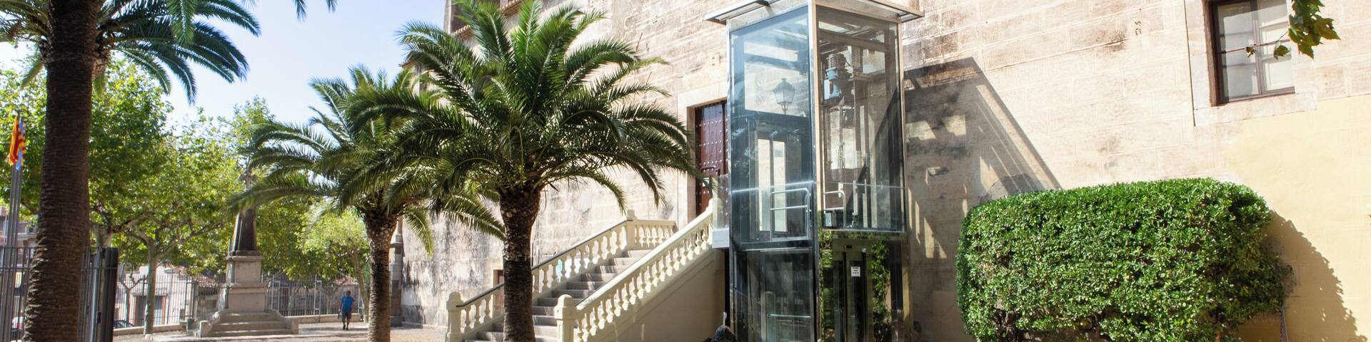A courtyard with a fountain, palm trees, and a building with a glass elevator.