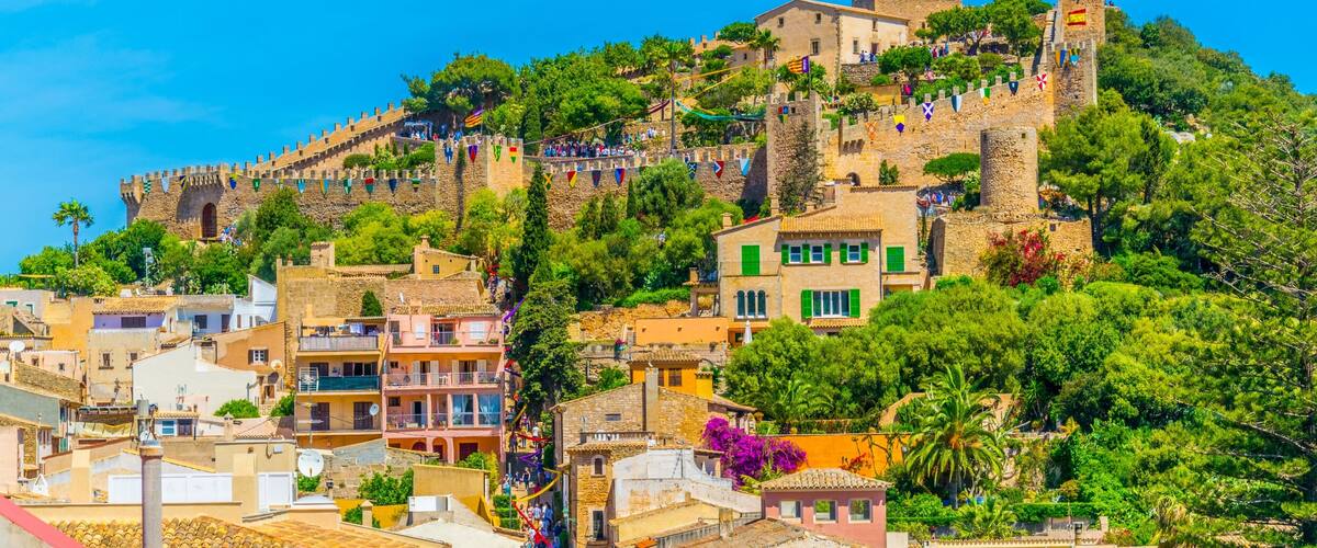 Aerial view of Capdepera castle and Capdepera town, Mallorca, Spain , Shutterstock ID 1132331078, Purchase Order: -