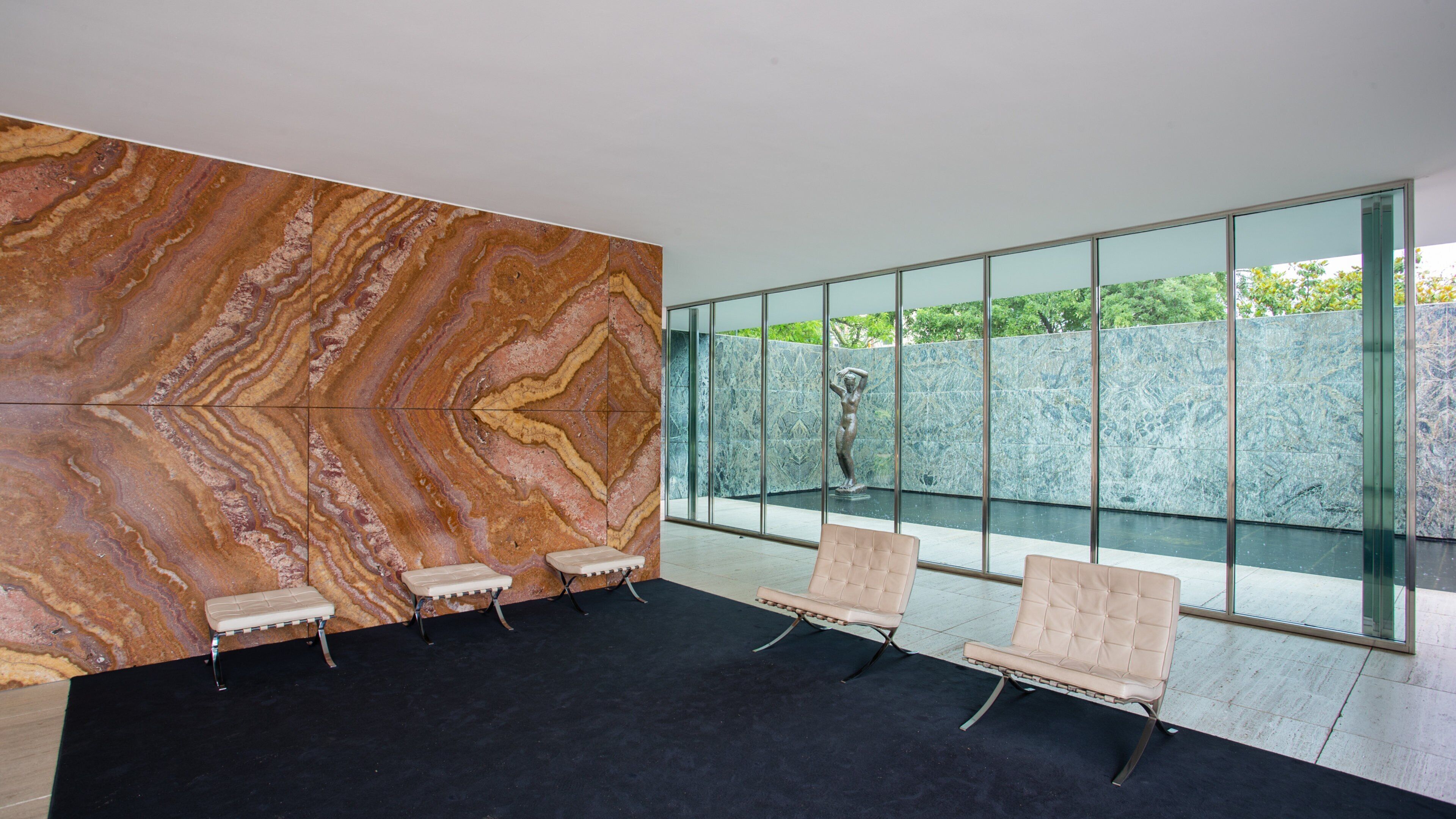 Pavelló Mies van der Rohe which includes interior views and art