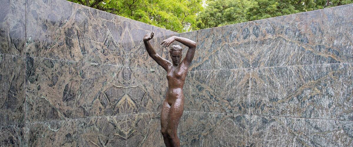 PavellĂł Mies van der Rohe showing a statue or sculpture and a fountain