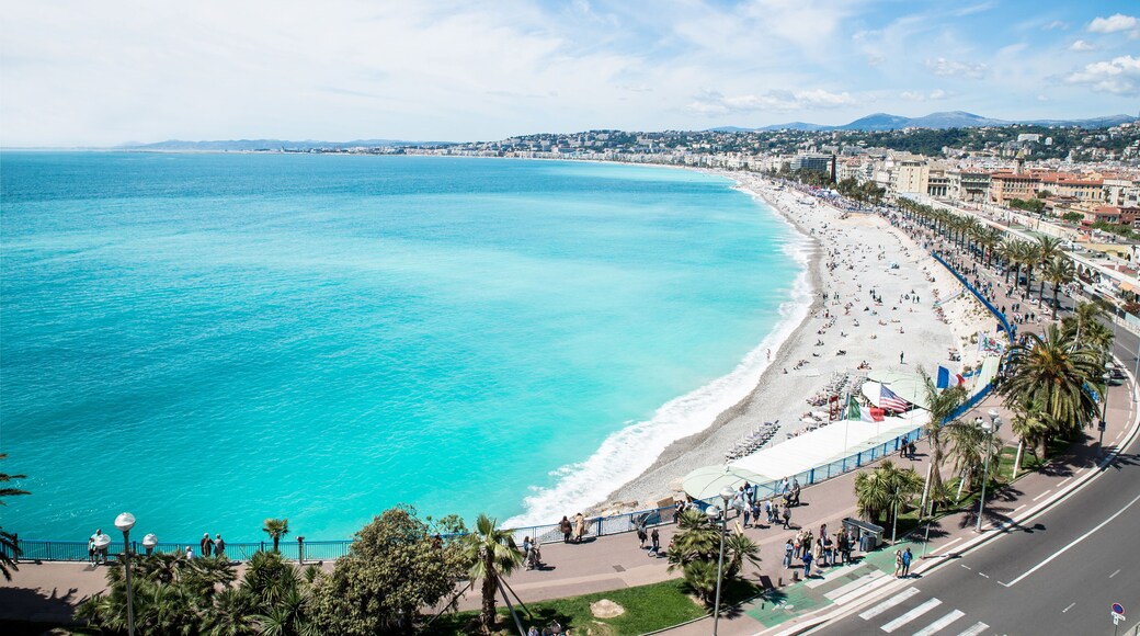 View of the beach in the city of Nice, azure shore Mediterranean sea, France