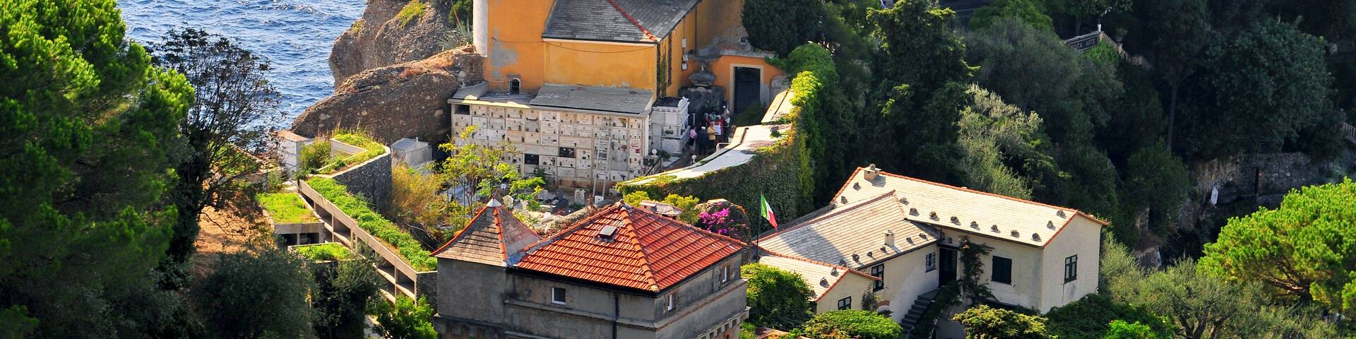 View of San Giorgio church over looking Ligurian Sea, Portofino, Italy.