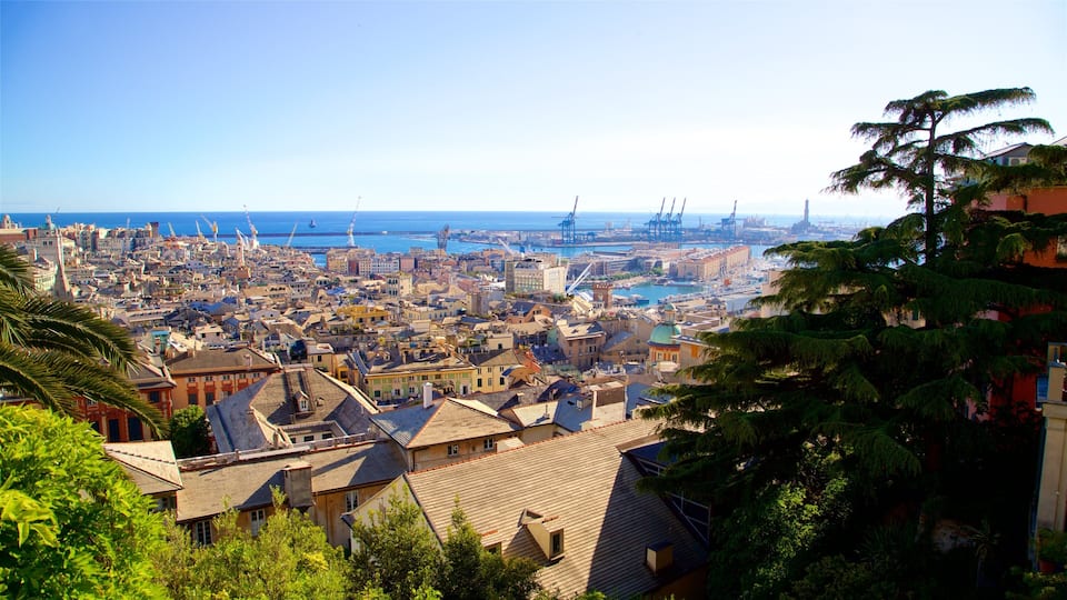 A coastal cityscape with historic buildings, a harbor, and cranes.