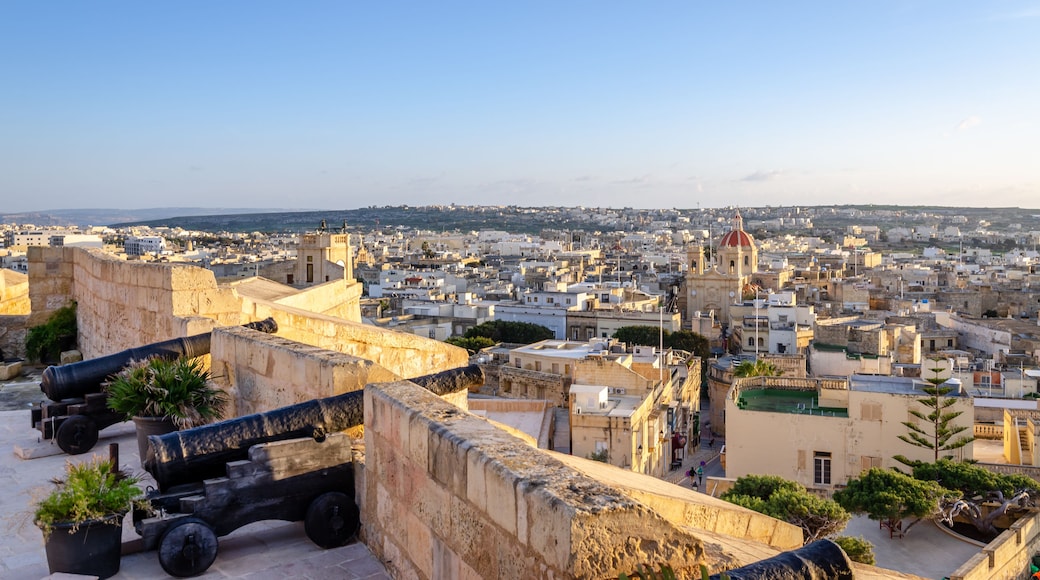 A coastal cityscape with historic fortifications, a prominent church with a red dome, and a dense urban area.