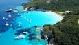 Aerial drone bird's eye view photo of iconic tropical paradise beaches of Voutoumi and Vrika with turquoise clear sea, Antipaxos island, Ionian, Greece