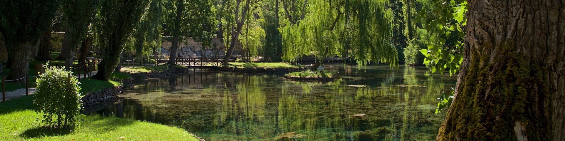 Manantiales de Clitunno mostrando un jardín y un estanque