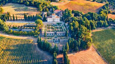 An aerial view of a large estate with expansive vineyards, a formal garden, and a prominent manor house.