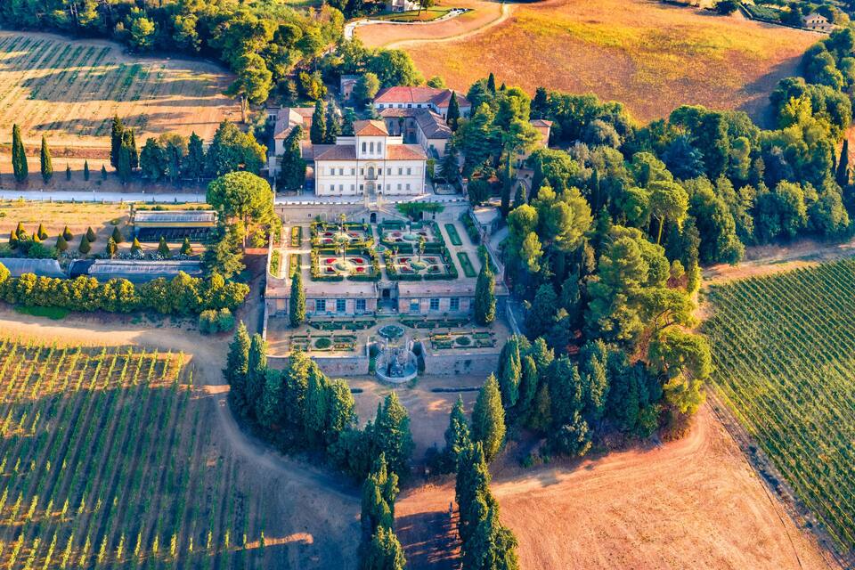 An aerial view of a large estate with expansive vineyards, a formal garden, and a prominent manor house.