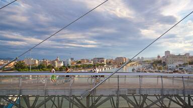 A bridge with a view of a marina and cityscape.