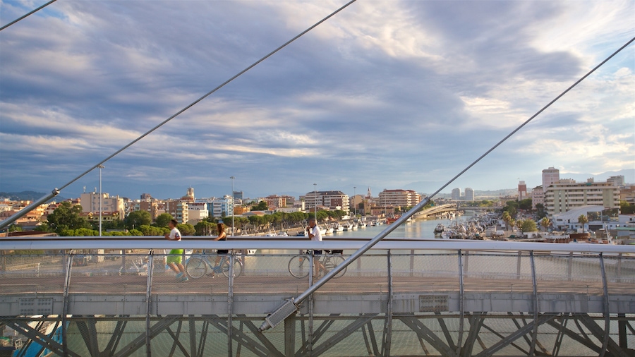 Un pont offrant une vue sur un port de plaisance et sur le paysage urbain.