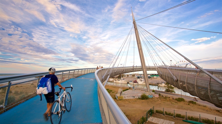 Ponte del Mare showing cycling, a sunset and a bridge