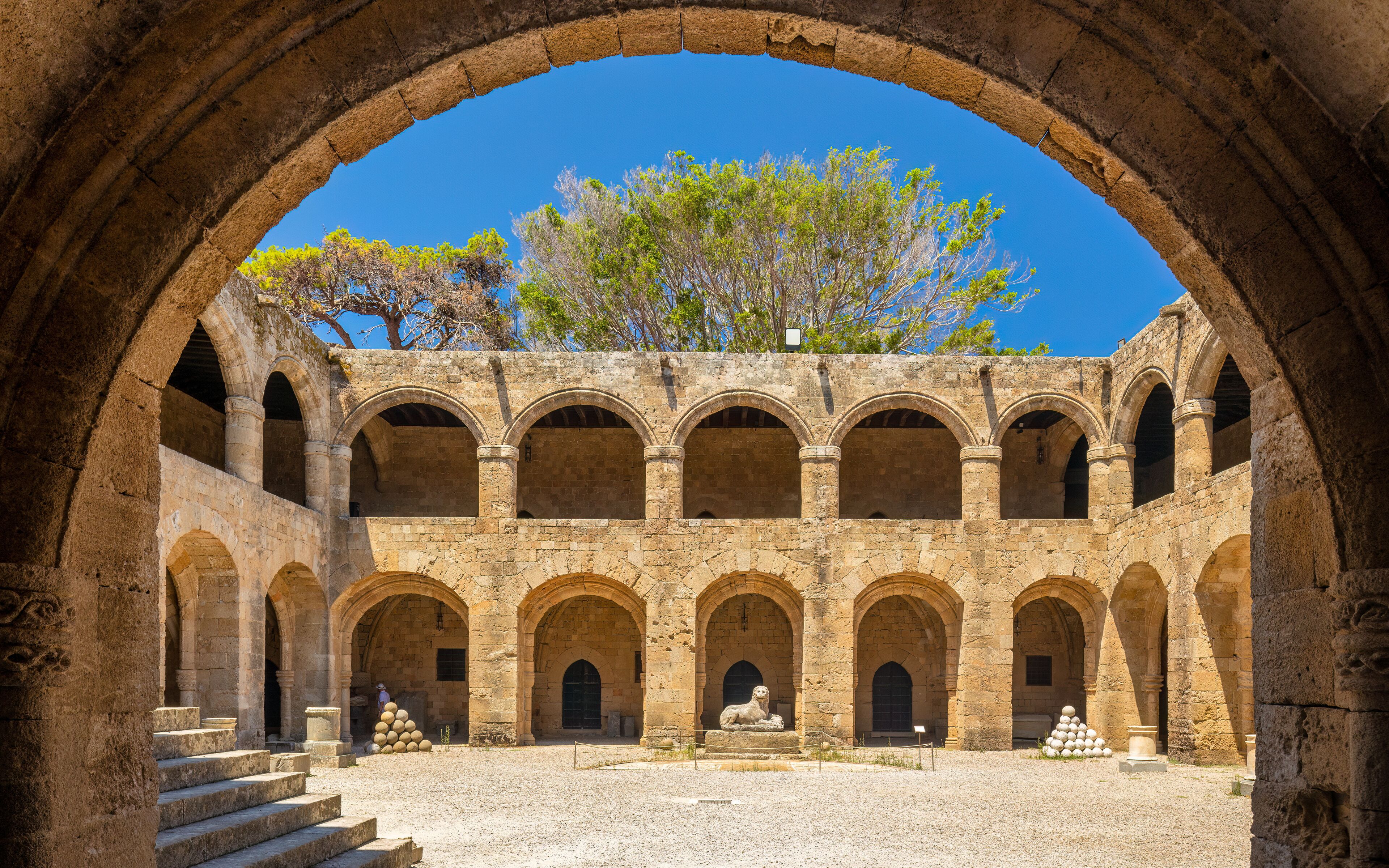 Inner courtyard of the Archaeological Museum of Rhodes town, Greece, Europe.