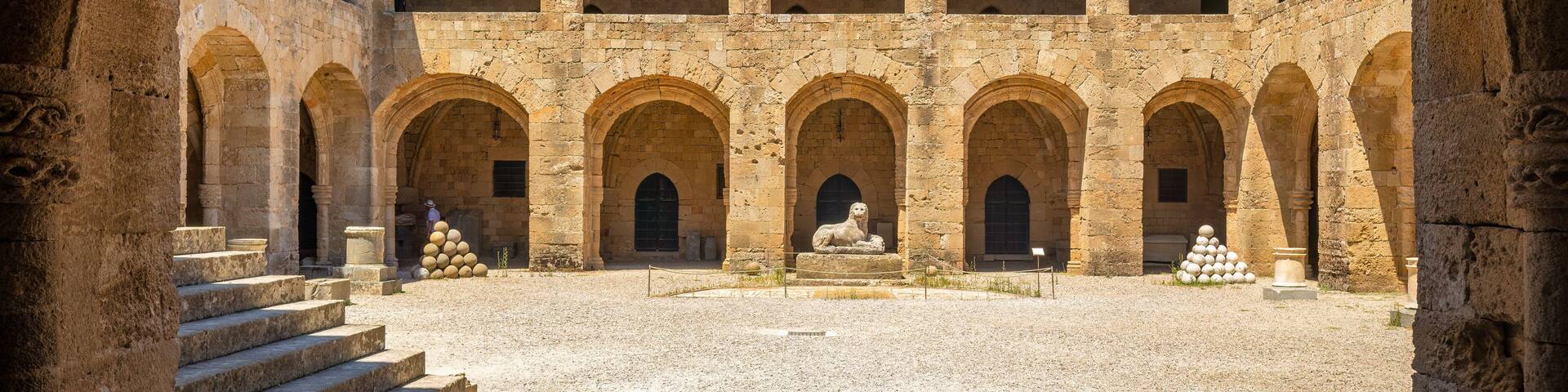 Inner courtyard of the Archaeological Museum of Rhodes town, Greece, Europe.