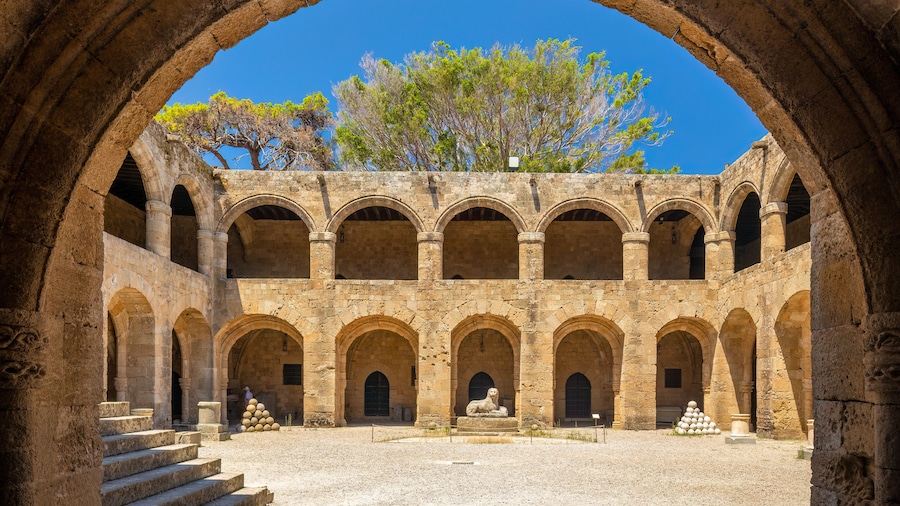 Inner courtyard of the Archaeological Museum of Rhodes town, Greece, Europe.