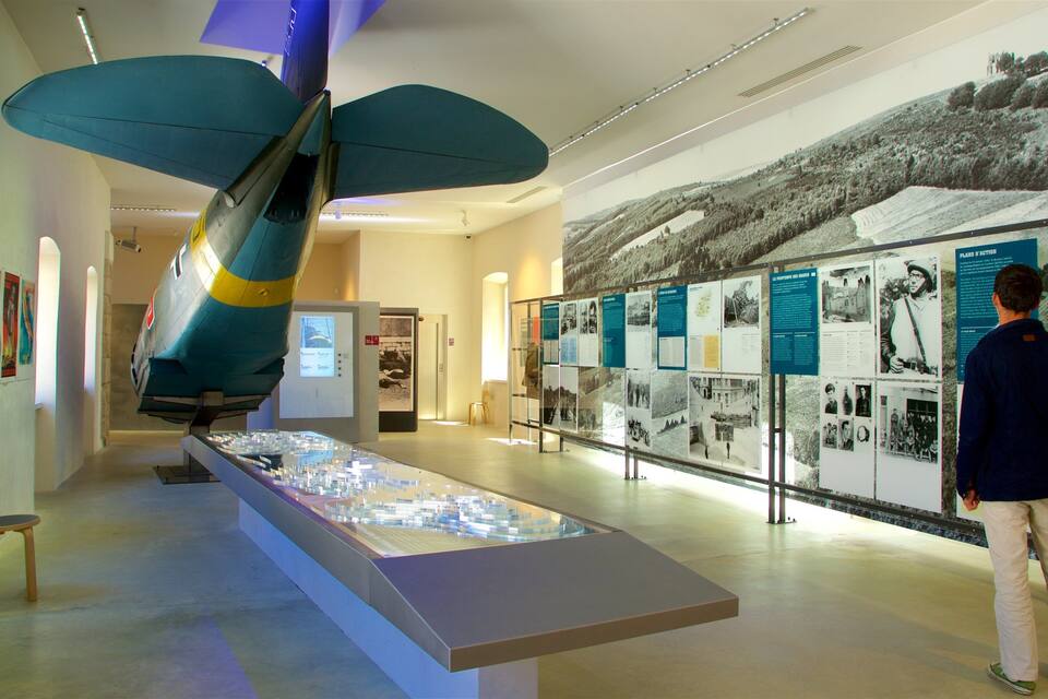 A museum exhibit with a model airplane and informational displays.