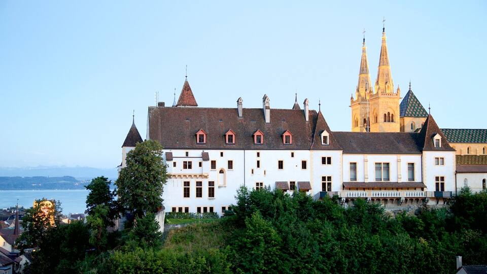 A historic building with multiple towers and a large church with twin spires.