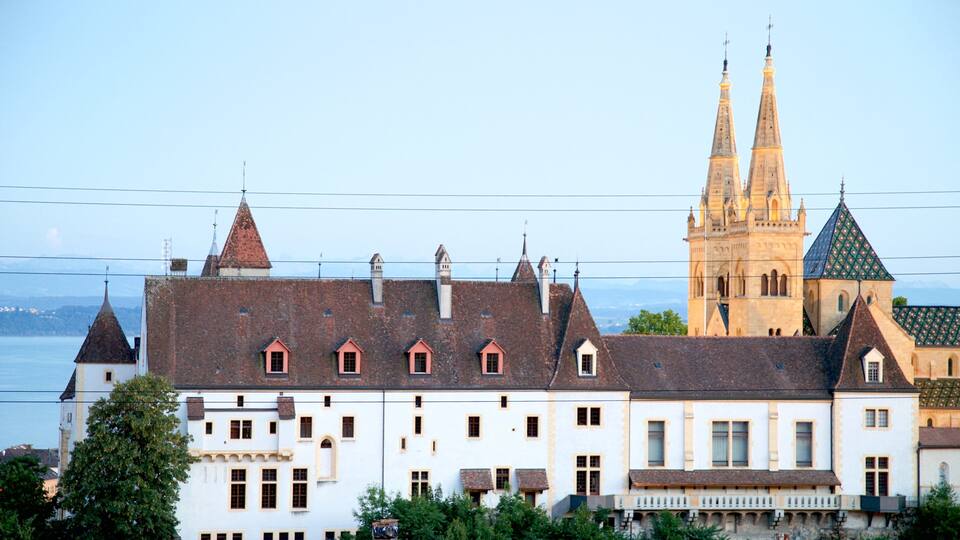 A historic building with multiple pointed roofs and a large church with two spires in the background.