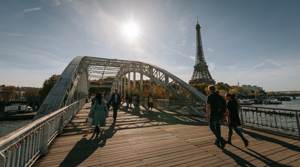 Passerelle Debilly featuring a bridge, a sunset and street scenes