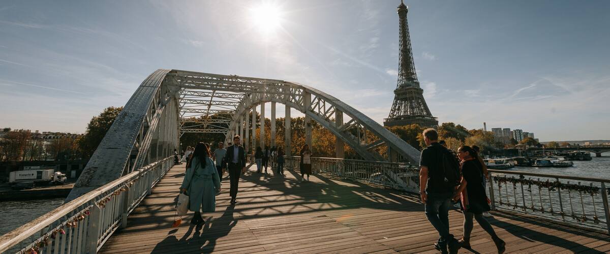 Passerelle Debilly featuring a bridge, a sunset and street scenes