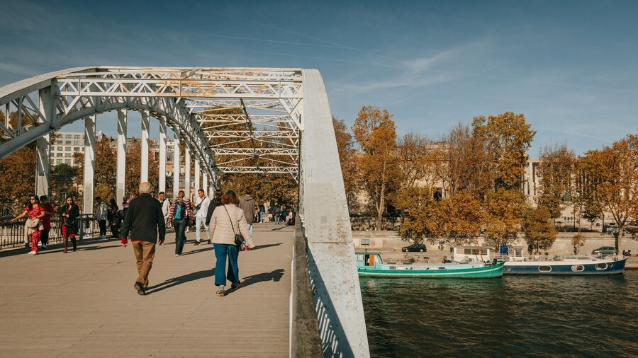Passerelle Debilly featuring a bridge and a river or creek as well as a couple