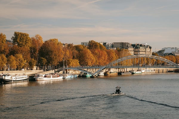 Passerelle Debilly showing boating, a bridge and fall colors