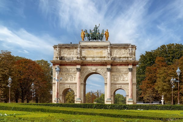 The Arc de Triomphe du Carrousel (Triumphal Arch of the Carousel) at the Place du Carrousel in Paris, France.