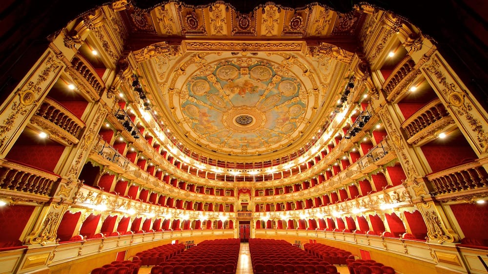 Un théâtre somptueux, doté d’un plafond circulaire imposant et de sièges en velours rouge.