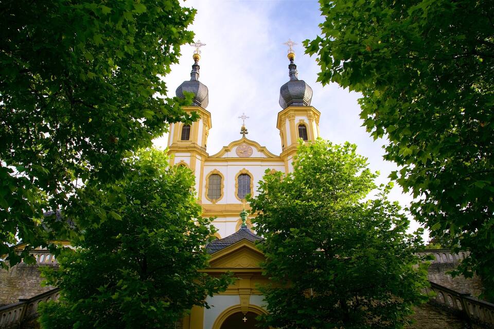 A church with two domes and a clock, surrounded by trees.