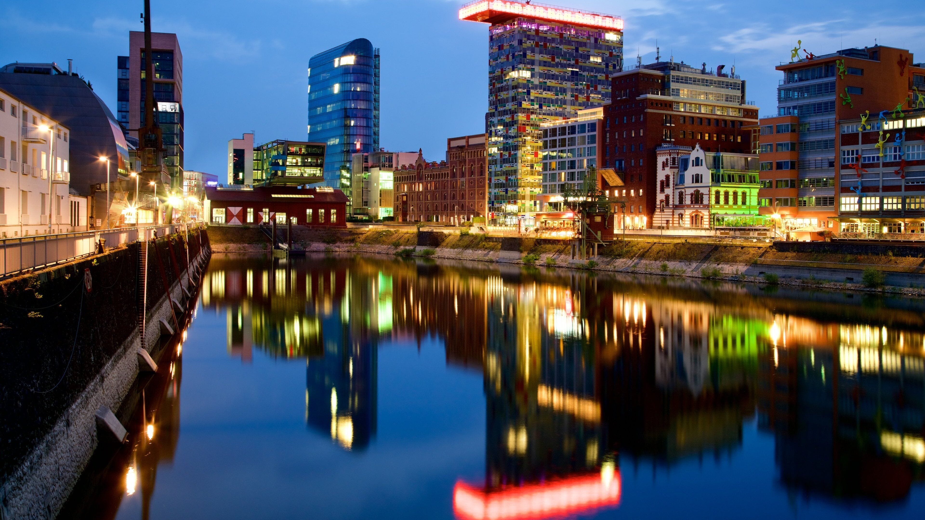 Medienhafen featuring night scenes, a river or creek and a city