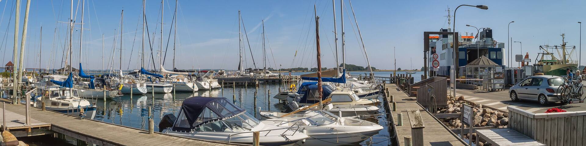 Snaptun harbor with ferry to Endelave in Jutland